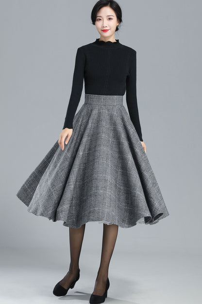 High Waist Plaid Wool Skirt Women 3245