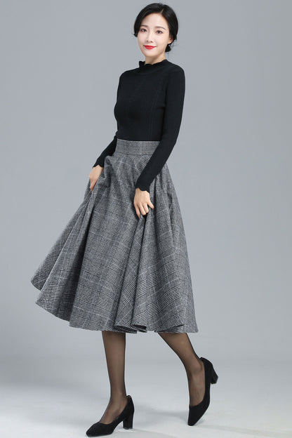 Handmade Wool Plaid Circle Skirt – High Waist Pleated Midi for Autumn Winter 3245