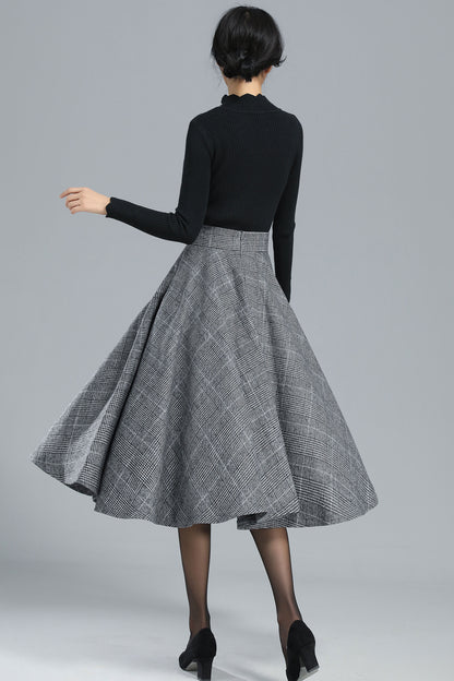Handmade Wool Plaid Circle Skirt – High Waist Pleated Midi for Autumn Winter 3245