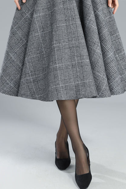 Handmade Wool Plaid Circle Skirt – High Waist Pleated Midi for Autumn Winter 3245