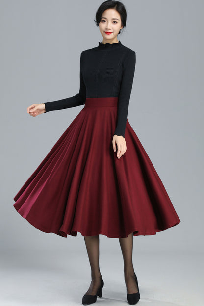 Burgundy Wool Blend Midi Skirt - High-Waisted Full Circle | Xiaolizi 3246