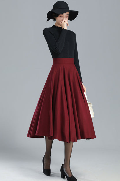 Burgundy Wool Blend Midi Skirt - High-Waisted Full Circle | Xiaolizi 3246