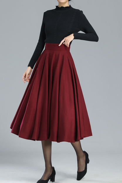 Burgundy Wool Blend Midi Skirt - High-Waisted Full Circle | Xiaolizi 3246