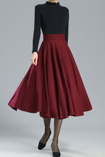 Burgundy Wool Blend Midi Skirt - High-Waisted Full Circle | Xiaolizi 3246