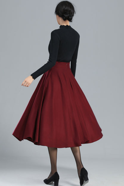 Burgundy Wool Blend Midi Skirt - High-Waisted Full Circle | Xiaolizi 3246
