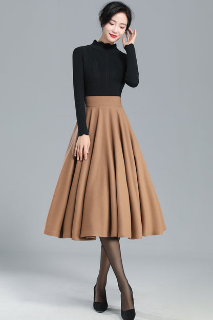 Camel Wool Midi Skirt - High-Waist A-Line Swing 3247