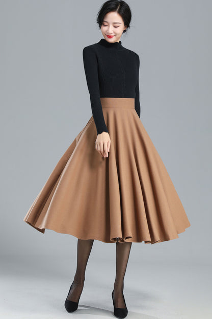 Camel Wool Midi Skirt - High-Waist A-Line Swing 3247