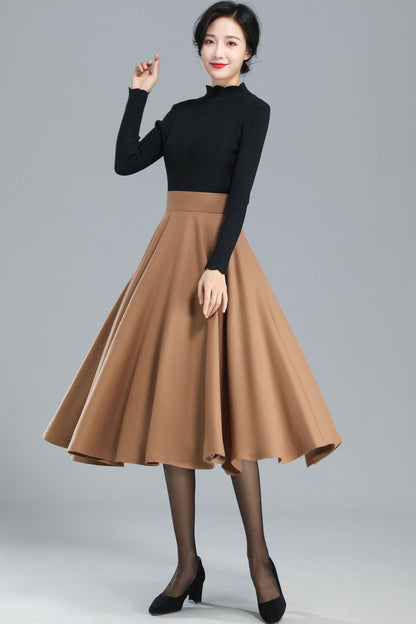 Camel Wool Midi Skirt - High-Waist A-Line Swing 3247