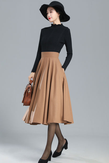 Camel Wool Midi Skirt - High-Waist A-Line Swing 3247