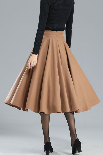 Camel Wool Midi Skirt - High-Waist A-Line Swing 3247
