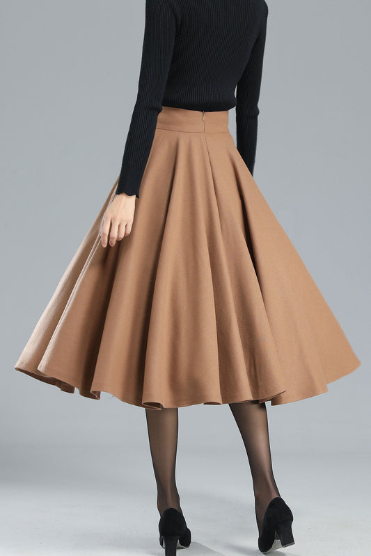 Camel Wool Midi Skirt - High-Waist A-Line Swing 3247