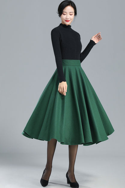 Green Wool Full Circle Skirt - Pleated High Waist Winter Essential 3248