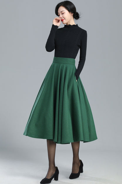 Green Wool Full Circle Skirt - Pleated High Waist Winter Essential 3248