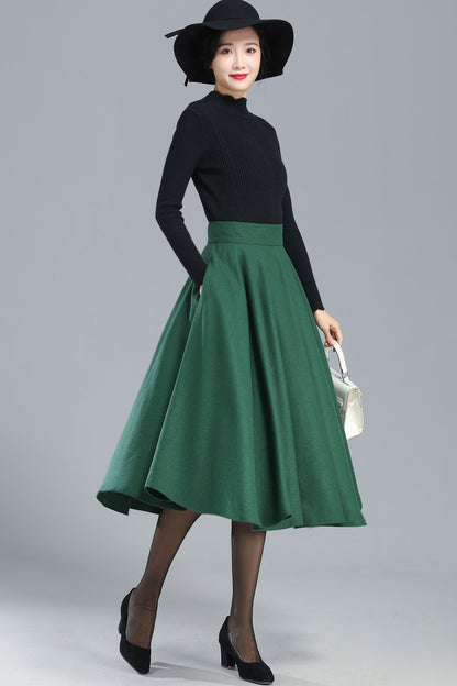 Green Wool Full Circle Skirt - Pleated High Waist Winter Essential 3248