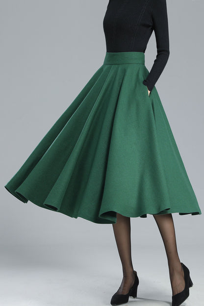 Green Wool Full Circle Skirt - Pleated High Waist Winter Essential 3248