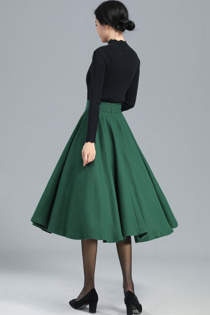 Green Wool Full Circle Skirt - Pleated High Waist Winter Essential 3248