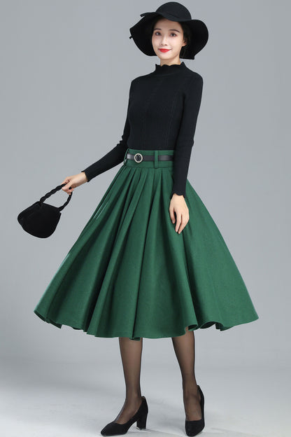 Green Wool Midi Skirt – Vintage High Waist A-Line Winter Skirt 3249