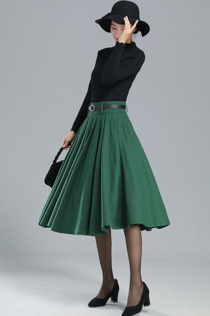 Green Wool Midi Skirt – Vintage High Waist A-Line Winter Skirt 3249