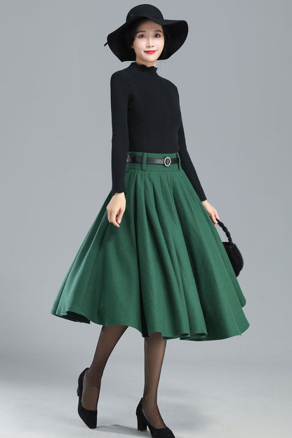 Green Wool Midi Skirt – Vintage High Waist A-Line Winter Skirt 3249