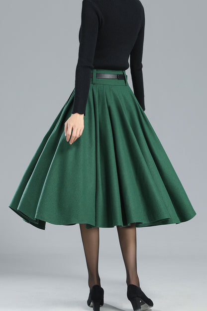 Green Wool Midi Skirt – Vintage High Waist A-Line Winter Skirt 3249