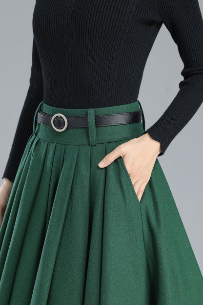 Green Wool Midi Skirt – Vintage High Waist A-Line Winter Skirt 3249