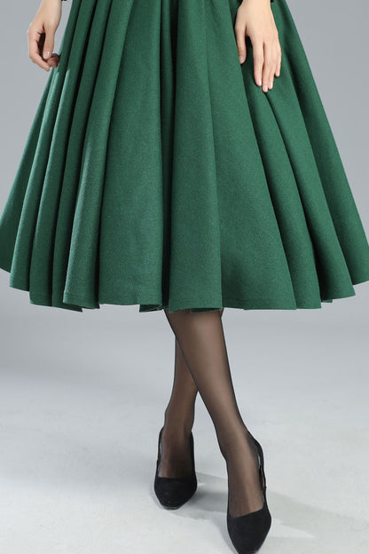 Green Wool Midi Skirt – Vintage High Waist A-Line Winter Skirt 3249