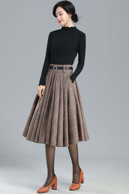 Beige Plaid Wool Skirt Midi - Handmade Retro Full Skirt 5405