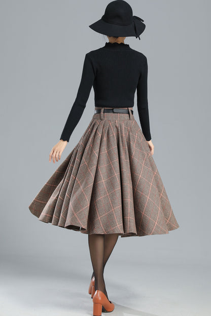 Beige Plaid Wool Skirt Midi - Handmade Retro Full Skirt 5405