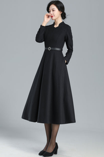Black Wool Midi Dress - Flared Silhouette with V-Neck 3251
