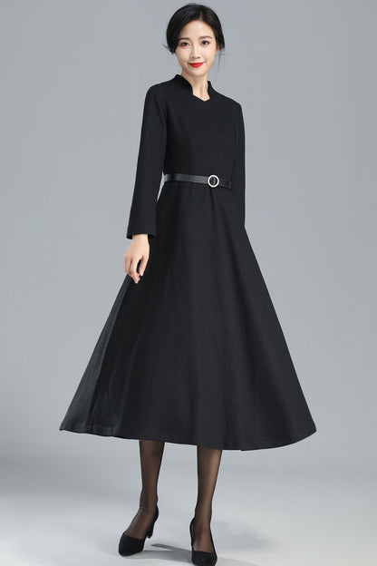 Black Wool Midi Dress - Flared Silhouette with V-Neck 3251