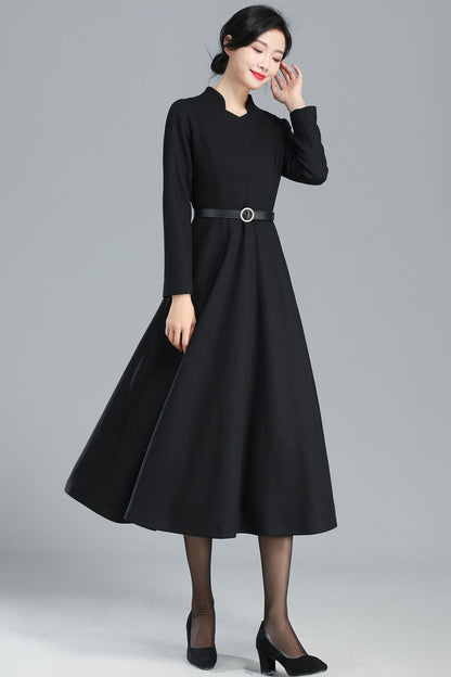 Black Wool Midi Dress - Flared Silhouette with V-Neck 3251