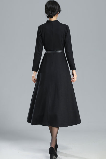 Black Wool Midi Dress - Flared Silhouette with V-Neck 3251