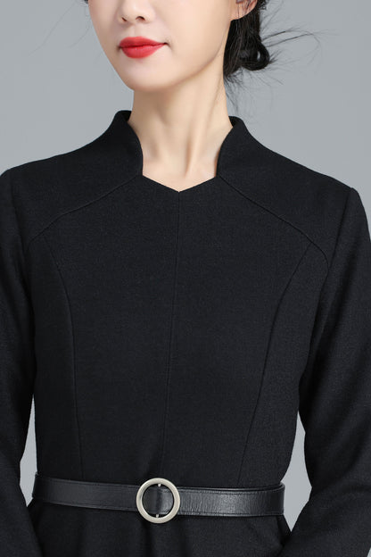 Black Wool Midi Dress - Flared Silhouette with V-Neck 3251