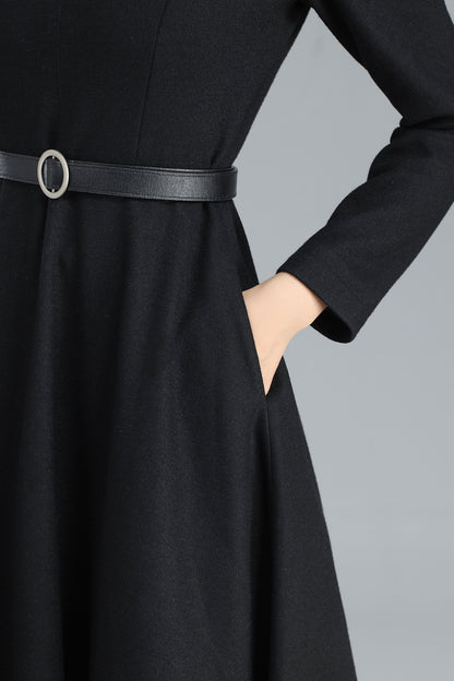 Black Wool Midi Dress - Flared Silhouette with V-Neck 3251