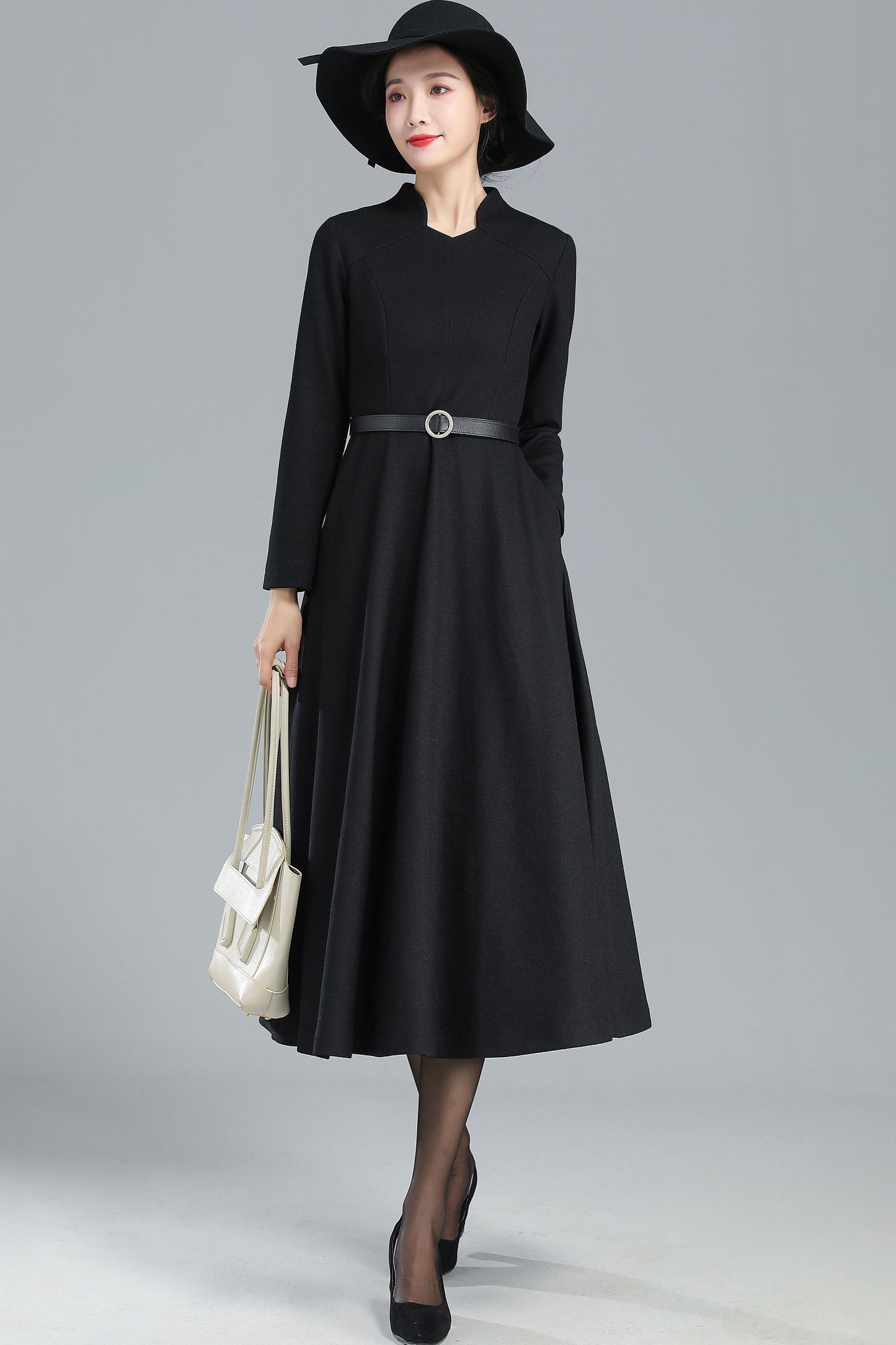 Black Long Wool Winter Dress Women 3251