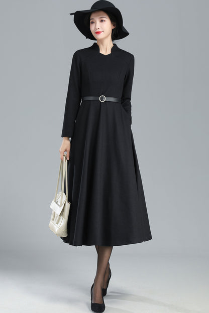 Black Wool Midi Dress - Flared Silhouette with V-Neck 3251
