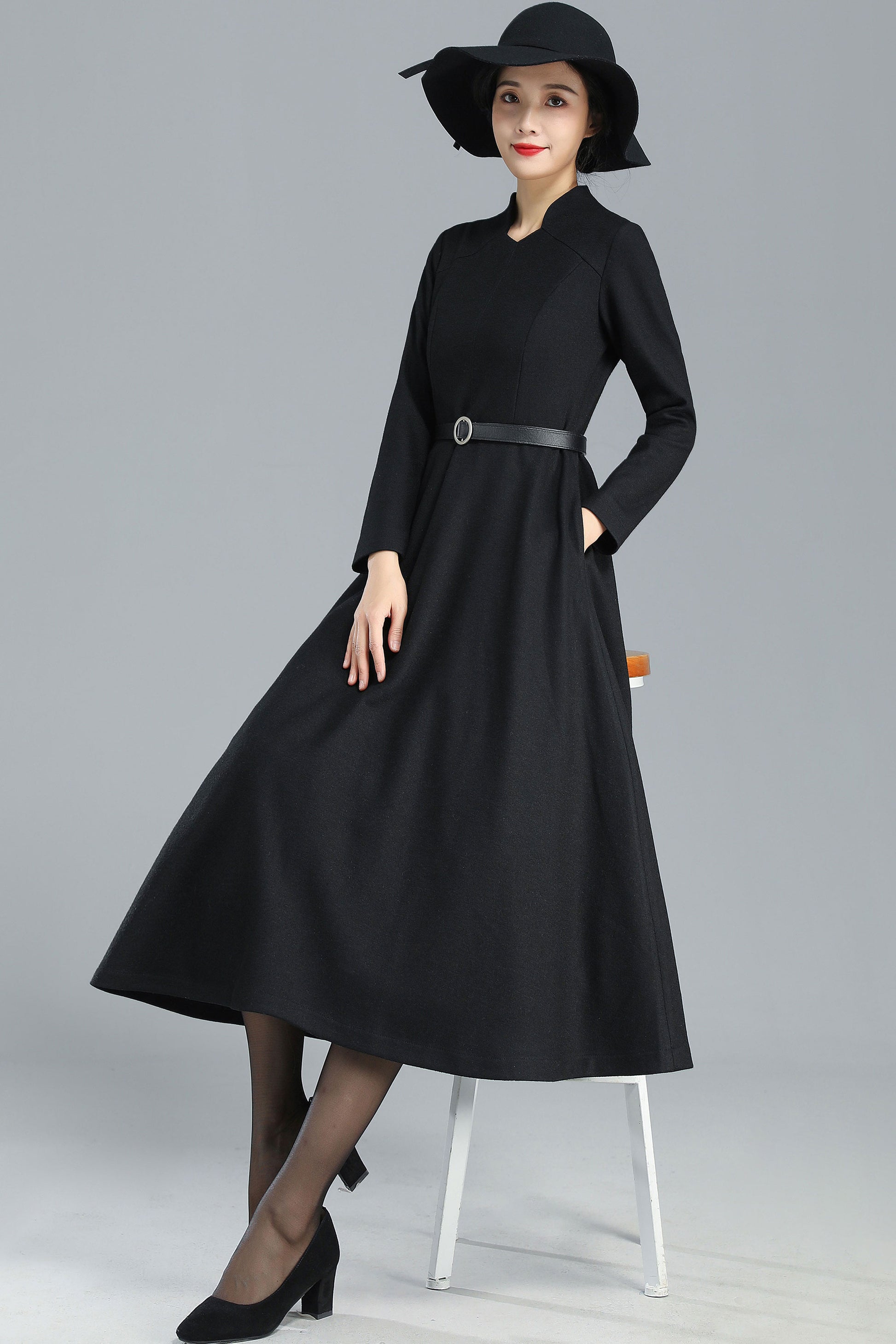 black long sleeve wool dress Charu Wool Button Maxi Dress