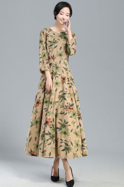 Vintage Inspired Floral Long Linen Maxi Dress 3252