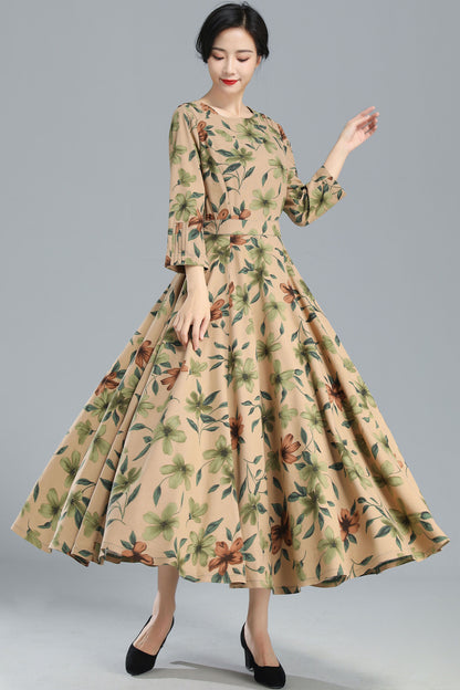 Vintage Inspired Floral Long Linen Maxi Dress 3252