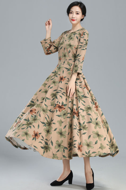 Vintage Inspired Floral Long Linen Maxi Dress 3252