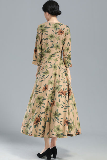 Vintage Inspired Floral Long Linen Maxi Dress 3252