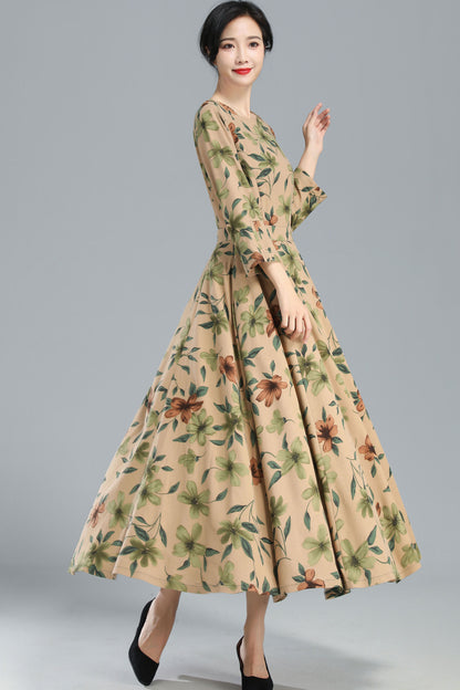 Vintage Inspired Floral Long Linen Maxi Dress 3252