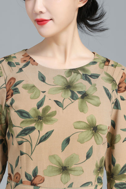 Vintage Inspired Floral Long Linen Maxi Dress 3252