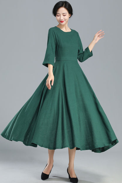 Green Linen Blend Maxi Dress - Pleated Flared Hem 3253