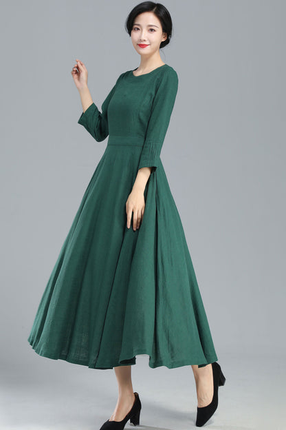 Green Linen Blend Maxi Dress - Pleated Flared Hem 3253