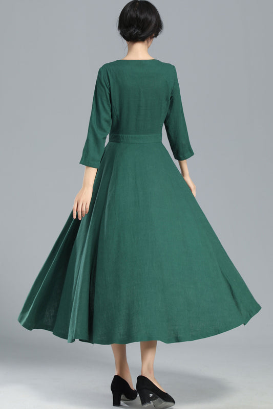 Green Linen Blend Maxi Dress - Pleated Flared Hem 3253