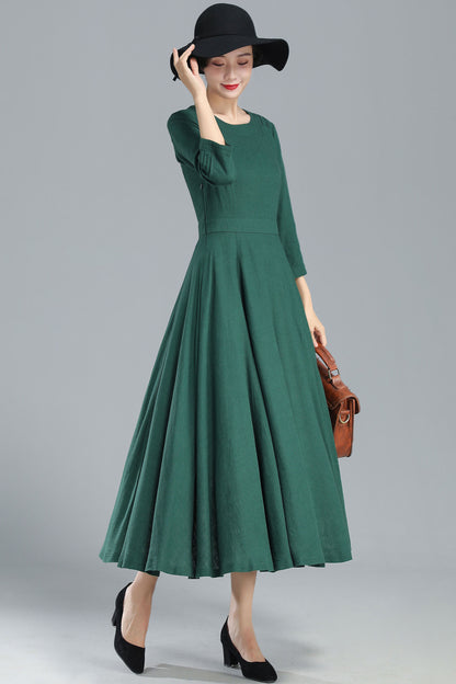 Green Linen Blend Maxi Dress - Pleated Flared Hem 3253
