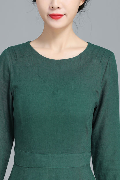 Green Linen Blend Maxi Dress - Pleated Flared Hem 3253