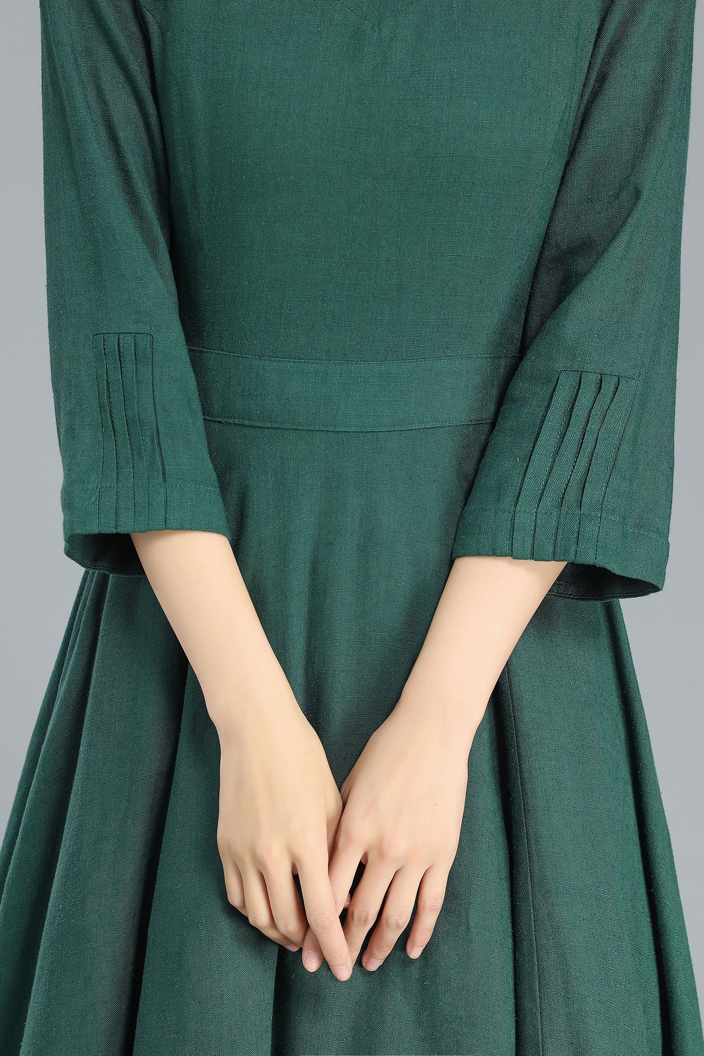 Green Pleated Long Linen Dress Women 3253