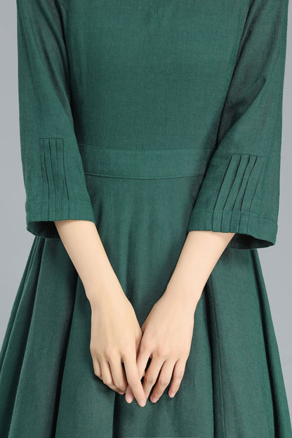 Green Linen Blend Maxi Dress - Pleated Flared Hem 3253